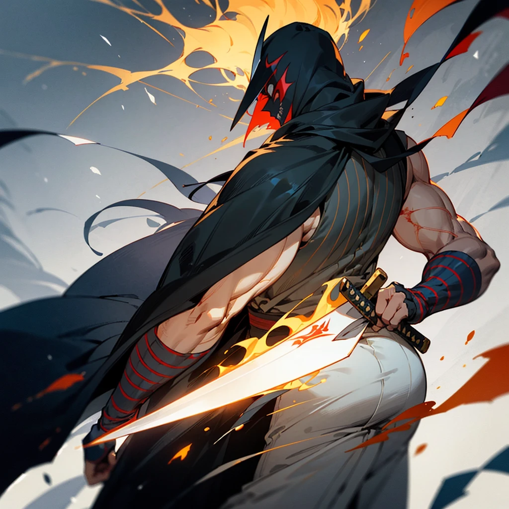 Create a character with long hair, from the back with a large black cape A katana on fire Eyes coming out of rays Black clothing with red stripes A scar on the arm A somewhat muscular body Acting like a swordsman With a black mask covering his face, with a symbol of a cduz