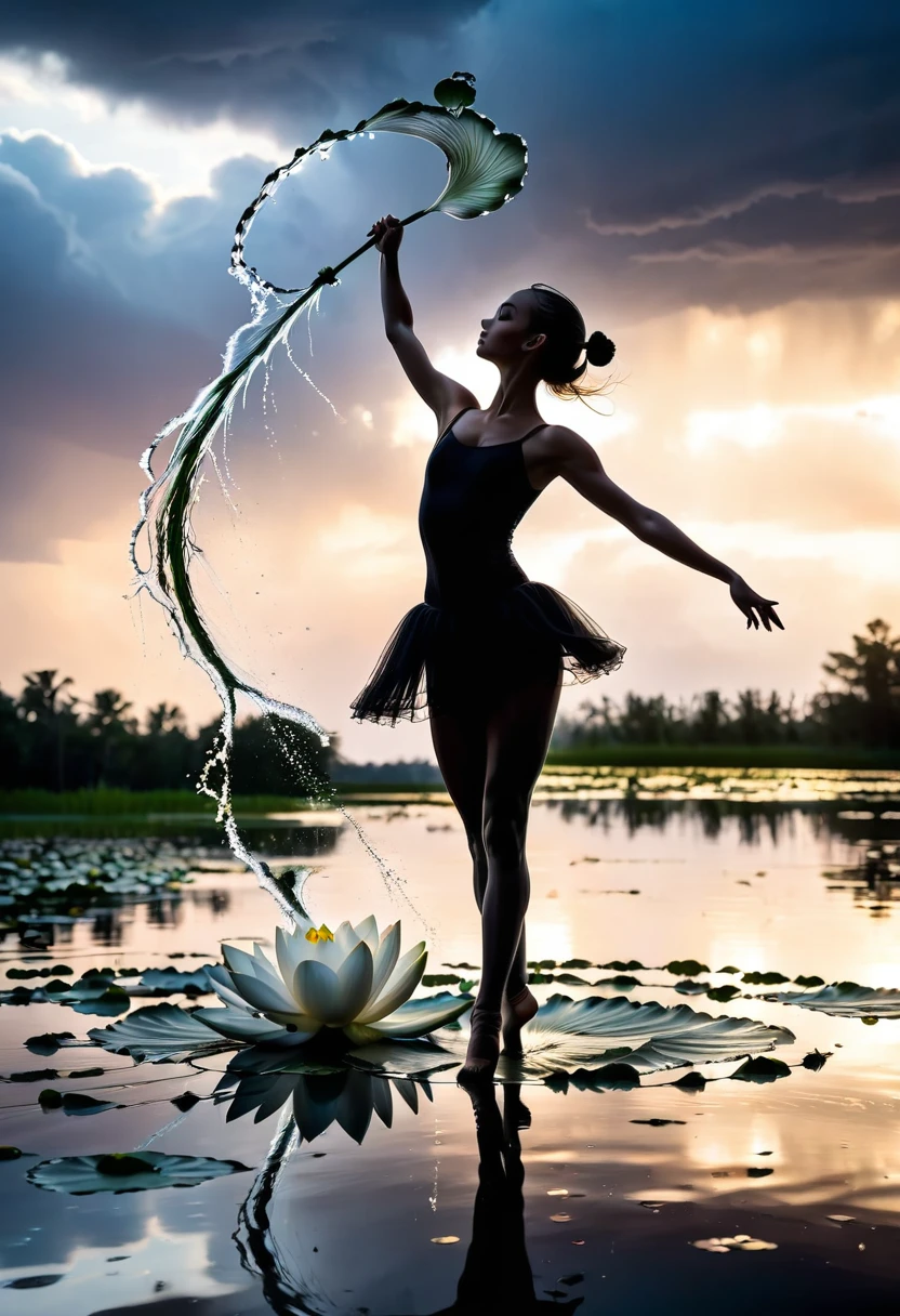 rainstorm,Rain splash,Huge waterspout,Girl shows black silhouette,Contrast with bright background,ballet silhouette,High contrast,Silhouette ballerina on the lake,lotus, lily pad,Shooting against the light,