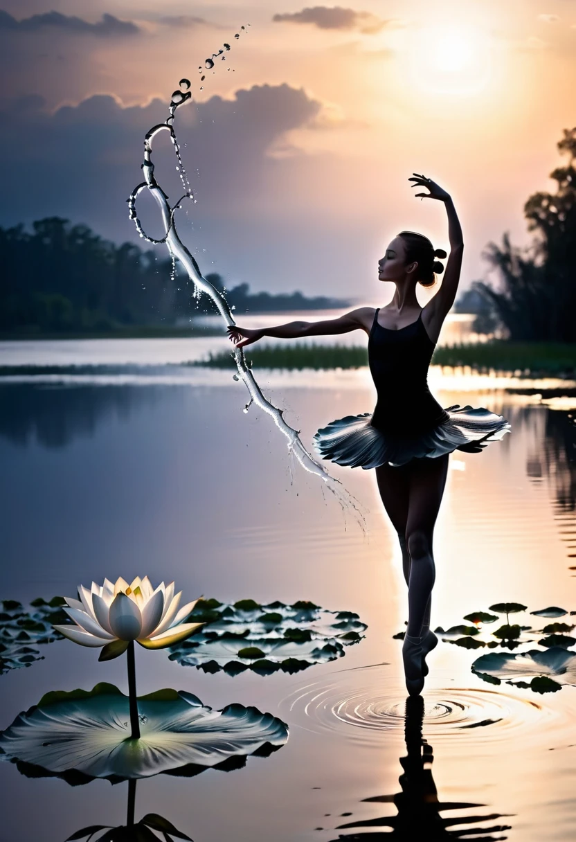 rainstorm,Rain splash,Huge waterspout,Girl shows black silhouette,Contrast with bright background,ballet silhouette,High contrast,Silhouette ballerina on the lake,lotus, lily pad,Shooting against the light,