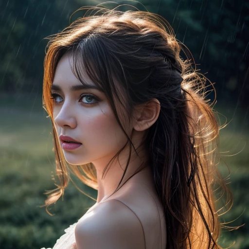 a young beautiful woman, dancing in the rain, intricate detailed face, beautiful eyes, detailed lips, delicate skin, wet hair, graceful movement, flowing dress, rain drops, overcast sky, dramatic lighting, cinematic composition, painterly style, muted color palette, dramatic atmosphere