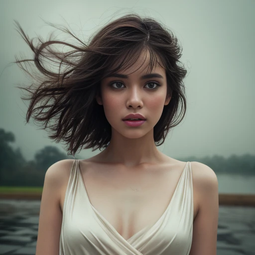 a young beautiful woman, dancing in the rain, intricate detailed face, beautiful eyes, detailed lips, delicate skin, wet hair, graceful movement, flowing dress, rain drops, overcast sky, dramatic lighting, cinematic composition, painterly style, muted color palette, dramatic atmosphere