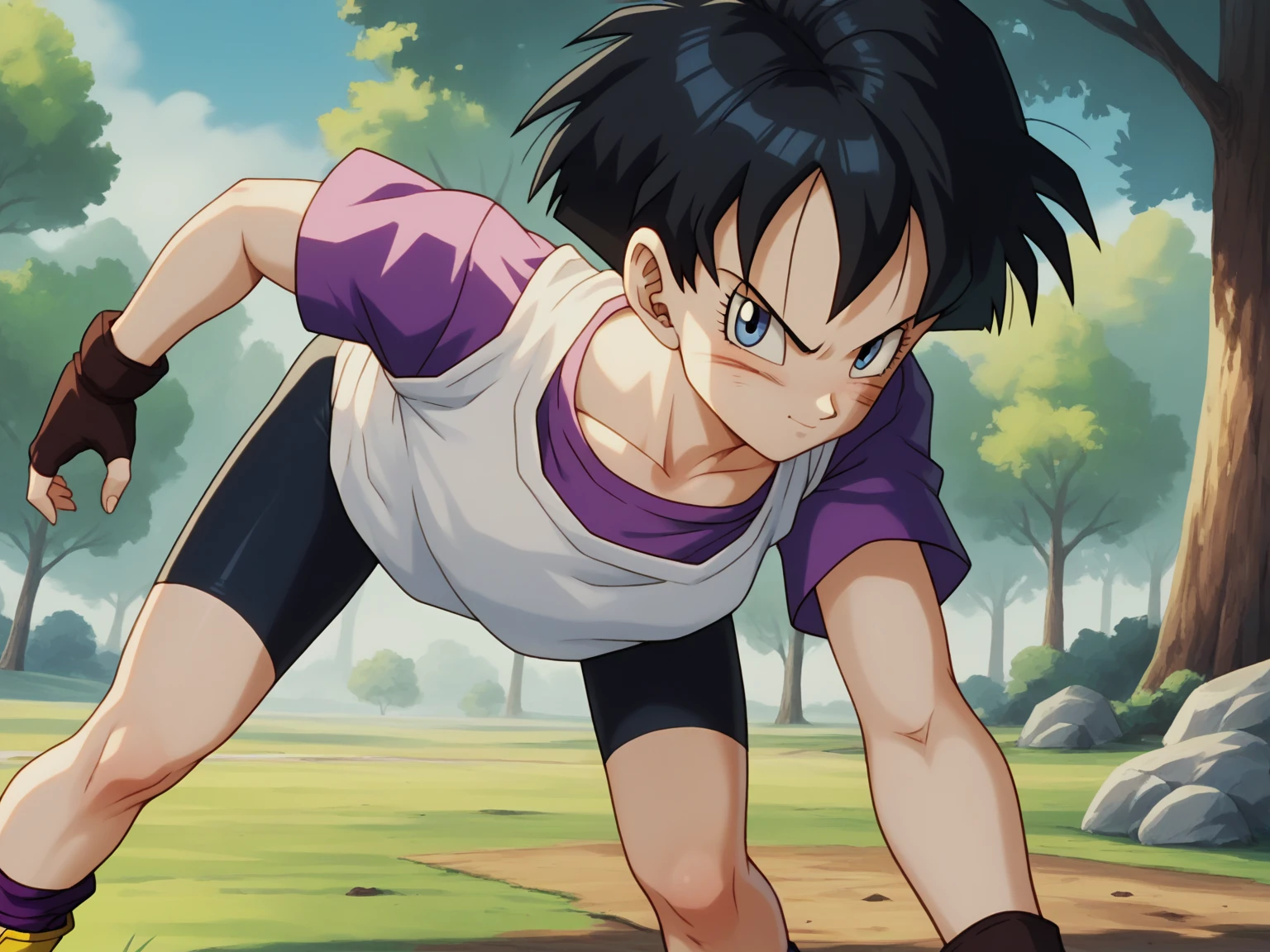 Videl, 1girl,  blue eyes, shadows,  blue eyes, short hair, spiked hair, white shirt, purple shirt,  masterpiece, best quality,  absurdres, perfect lighting, score_9,  score_8_up, score_7_up source_anime, fighting pose, fingerless gloves, bike shorts, open field, trees, rocks, looking at viewer, scratches, doggystyle, Showing her ass 