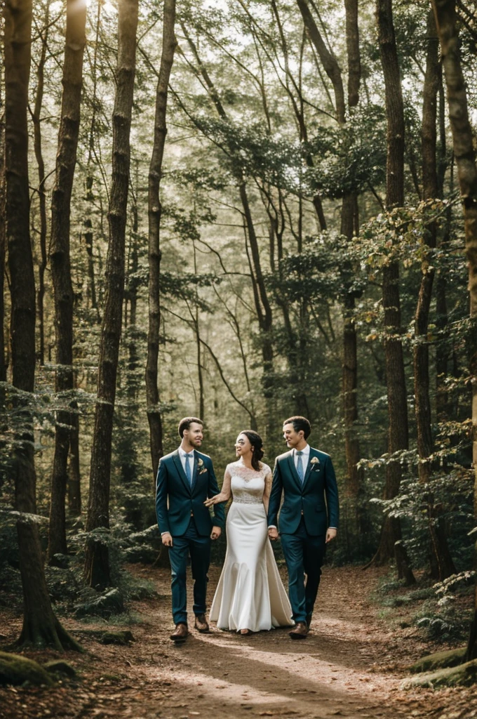 A married couple walks in the forest with a spaniel dog 