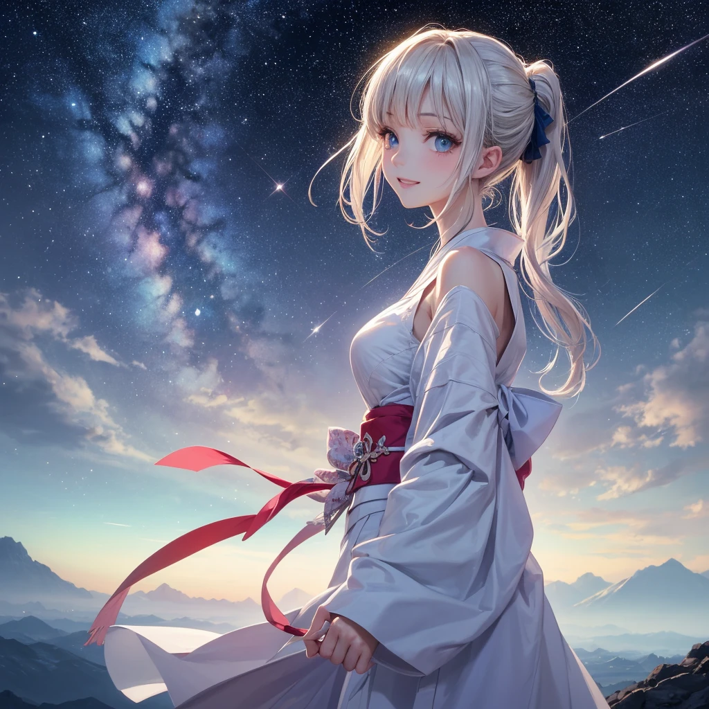 (​masterpiece),(top-quality:1.2),(4k anime),(perfect anatomy),((arms behind side)),(a girl in a white kimono),beautiful detailed blue eyes,white mesh hair, ponytail hair,cute face,(Highly detailed elegant),an extremely delicate and beautiful,Beautiful and realistic skin, Silky to the touch,sideways glance,view from below,Through delicate lines and gorgeous colors,Make her beauty more vivid,Captivating smile,create an ethereal atmosphere like a dream,(starrysky),light falls from the sky,milky way