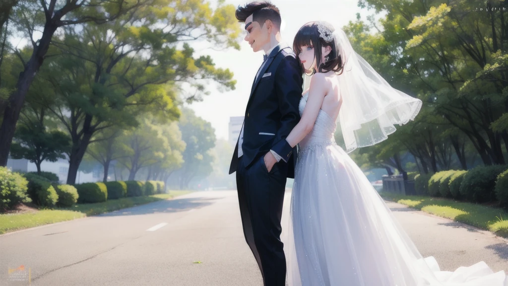 8k raw photo masterpice,bestoutdoor,man and girl wedding style, 1 man behind