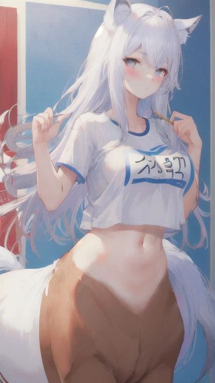 (best quality, masterpiece), 1 girl, centaur, It takes, White skin, Korean ,Athletic Competition,exposing the abdomen,belly button t-shirt, 아름다운 소녀 perfect wolf photo, perfect wolf photo