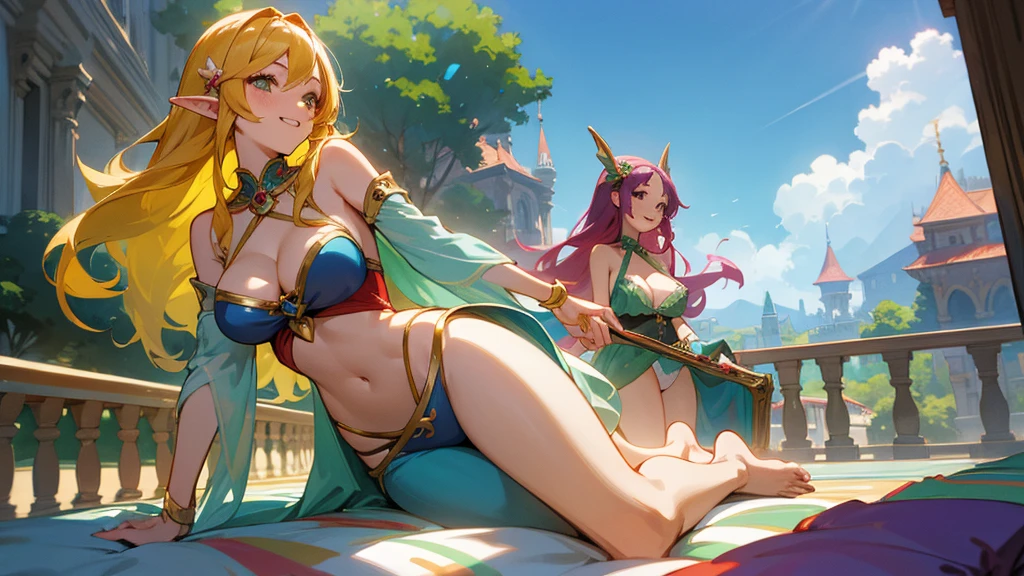Anime Style,Swimwear,Detailed background,Magical World,A lively balcony with many people,Three smiling bard beautiful elves,Big cleavage,Healthy thighs,Underarm,Barefoot