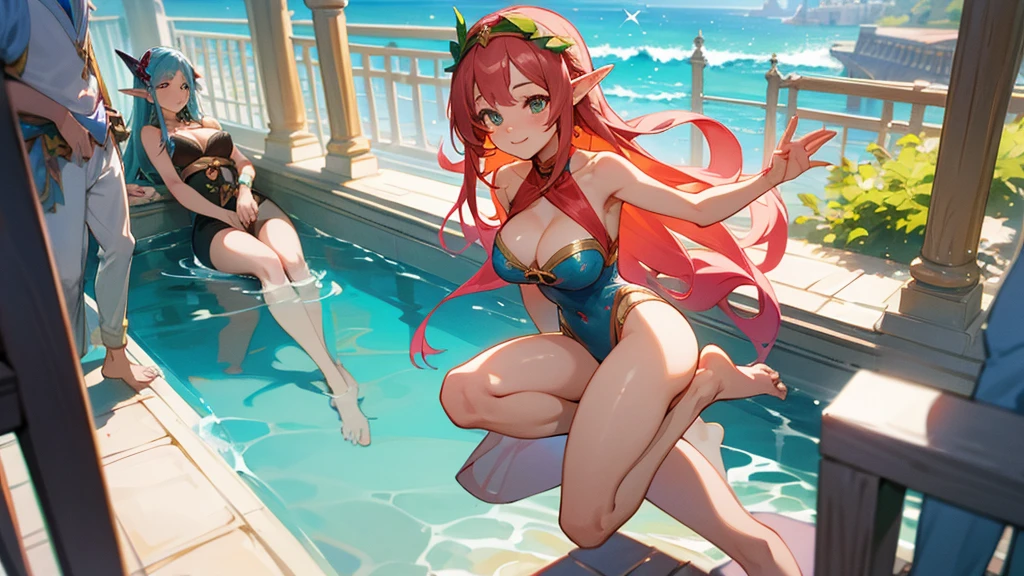Anime Style,Swimwear,Detailed background,Magical World,A lively balcony with many people,Three smiling bard beautiful elves,Big cleavage,Healthy thighs,Underarm,Barefoot