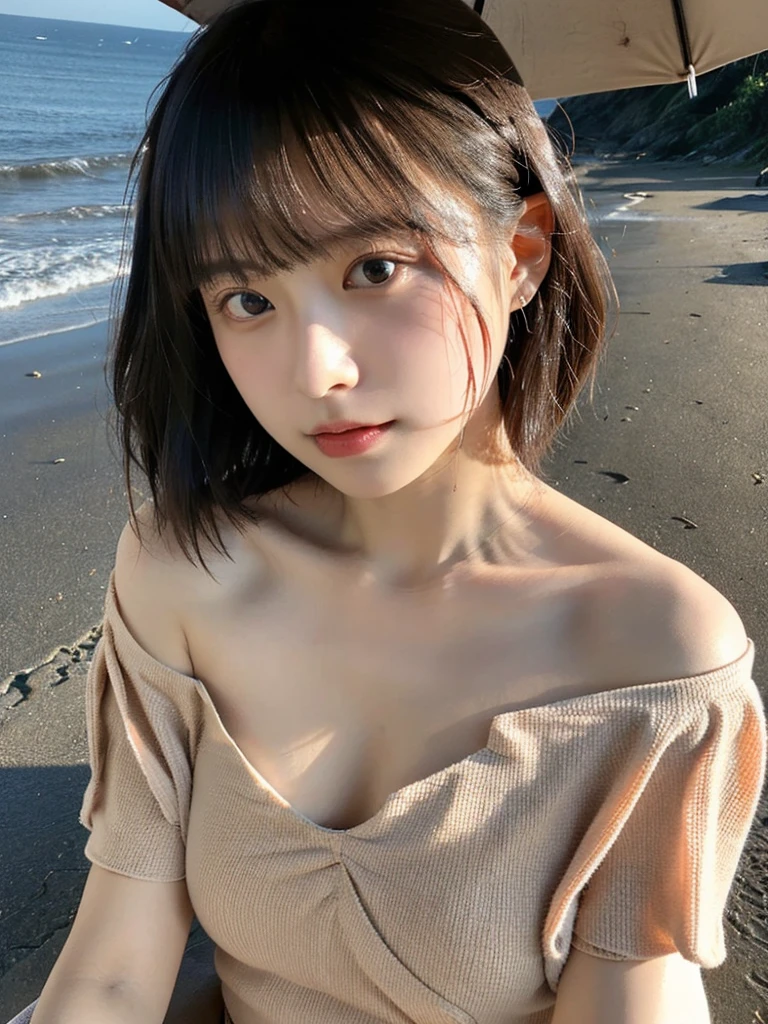 highest quality,RAW Photos  , 19 year old Japanese female idol, From above , Face Focus , Face close-up ,
Selfie,Lying on the ground, ((Off-the-shoulder tops , Cold shoulder top , clavicle , Exposing shoulders ,Cleavage ,))short hair, Bowl Cut ,Cute Face  ,Edgy,Drooping ,clavicle,Muddy Waters , Overflowing  ,Wet ,Selfie, Pale skin,At the Beach, rain,night, 