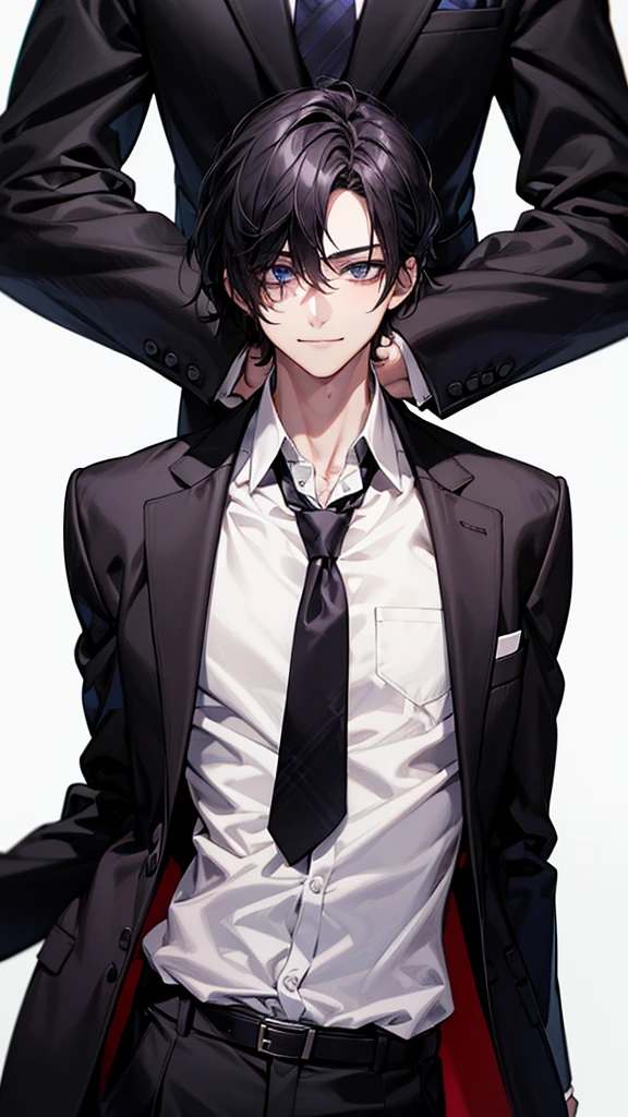 man, face focus, [[[adult]]], business suit, Jacket, white shirt, tie, pants, frontage, highest quality, adopt, detailed face, simple background、white background、[[[black hair]]]、[[[blackeyes]]]、confident look、Upper body、smile、