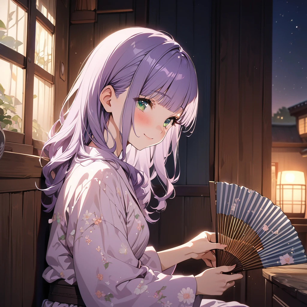 masterpiece, ultra detailed, 8K, a girl, kawaii, light atmosphere, (Cute a tsundere girl:1.5), anime visual, (tilt head:1.3), extremely delicate face, realistic lighting and shading, (an extremely delicate and beautiful art:1.3), a girl,blush,
from side, cowboy shot, pale purple hair, blunt bangs hair, green eyes, In the kitchen of a Taisho-style Western-style house, a woman is wearing a pink japanese yukata,At night, a girl sits on the veranda, holding a fan in one hand, smiling,night lit,