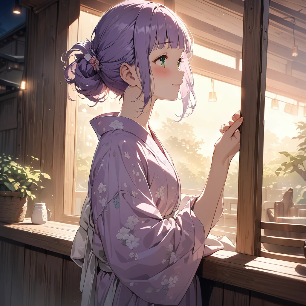 masterpiece, ultra detailed, 8K, a girl, kawaii, light atmosphere, (Cute a tsundere girl:1.5), anime visual, (tilt head:1.3), extremely delicate face, realistic lighting and shading, (an extremely delicate and beautiful art:1.3), a girl,blush,
from side, cowboy shot, pale purple hair, blunt bangs hair, green eyes, In the kitchen of a Taisho-style Western-style house, a woman is wearing a pink japanese yukata,At night, a girl sits on the veranda, holding a fan in one hand, smiling,night lit,