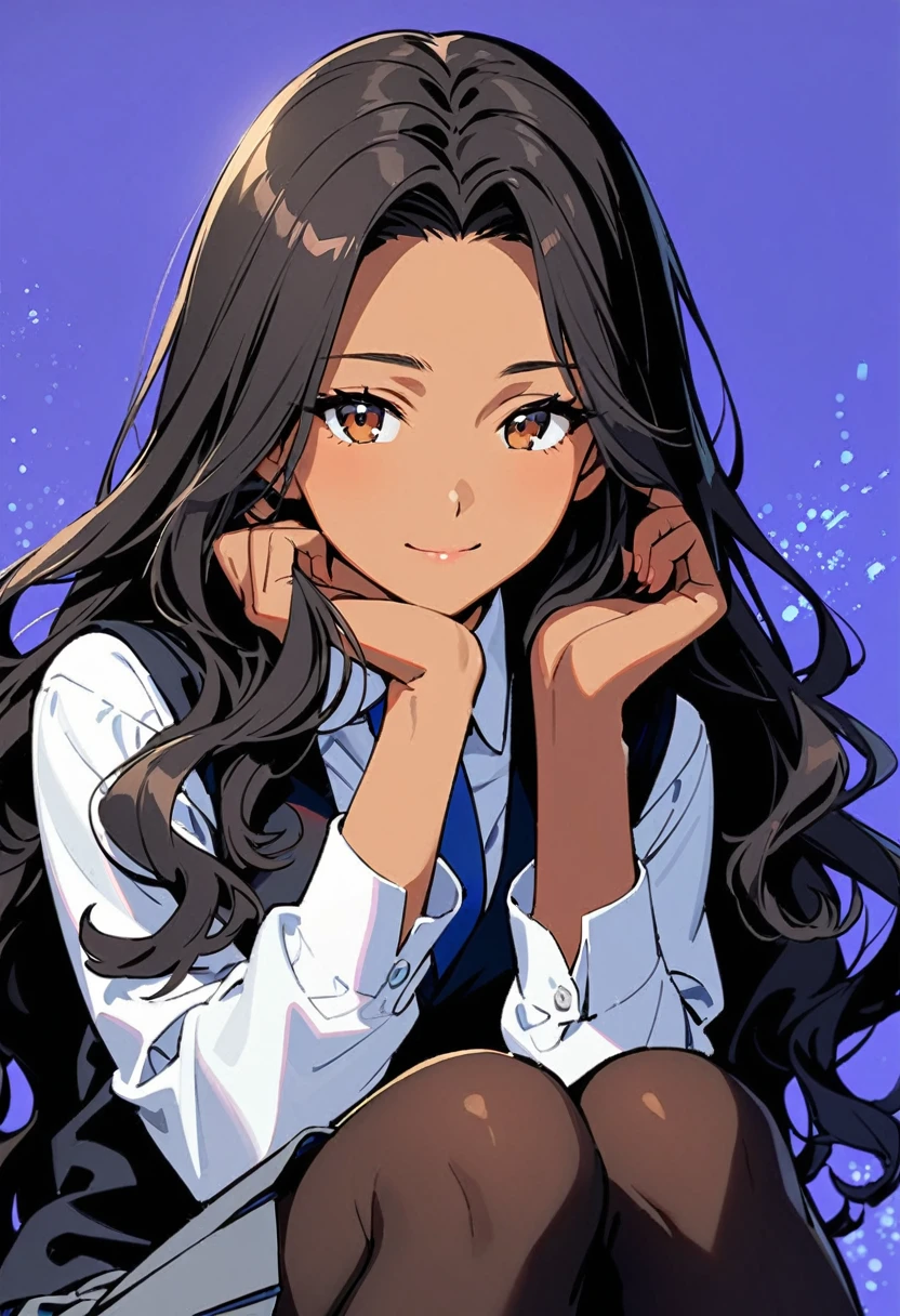 a woman, 19-years-old, solo, mature face, average height, tan skin, (long black wavy hair that's parted in the middle:1.2), no bangs, brown eyes, warm smile, black waistcoat, white formal shirt, gray pleated skirt, blue necktie, black tights, sitting with knees up, hugging knees, head resting on knees, (bright indigo background:1.1)