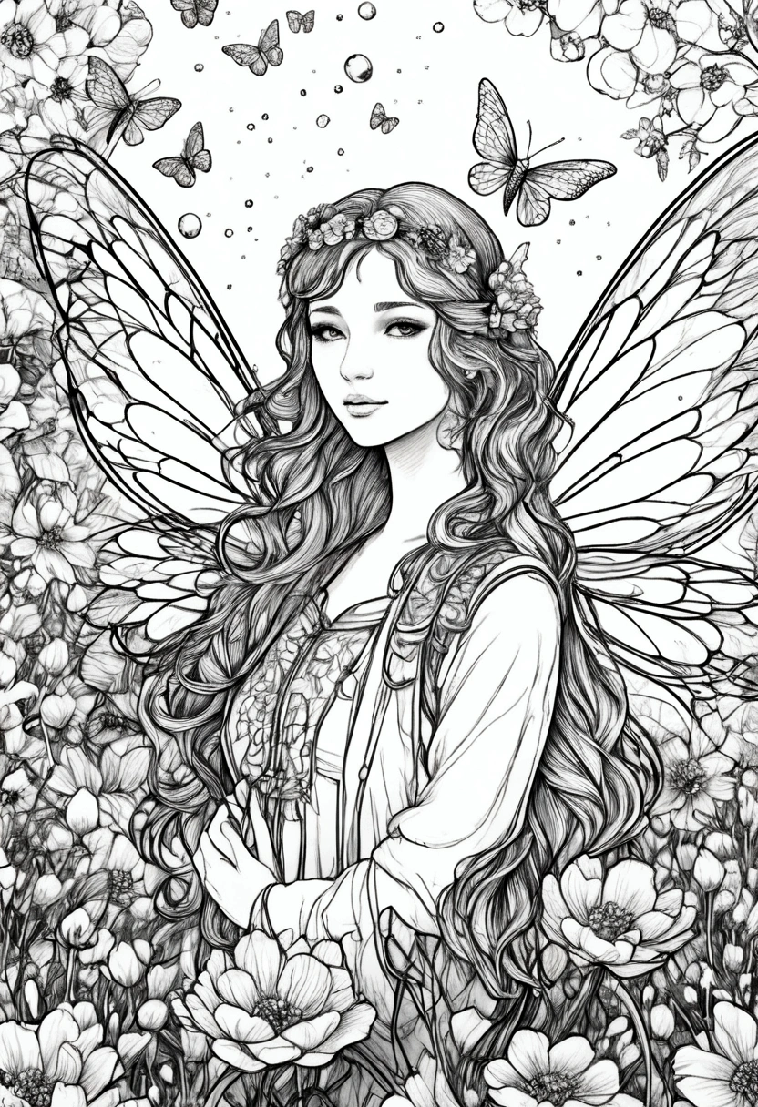 A fairy with dragonfly wings tending to a garden of luminous flowers, clean line art, white background, colouring page, clean outline, sketch style, floral frame, decorative panel, abstract ,sketch, character lines and scenes without colors and shadows. (Masterpiece, Best Quality, Highres:1.4), Detailed, Intricate Details, 4K, color splashes, line art