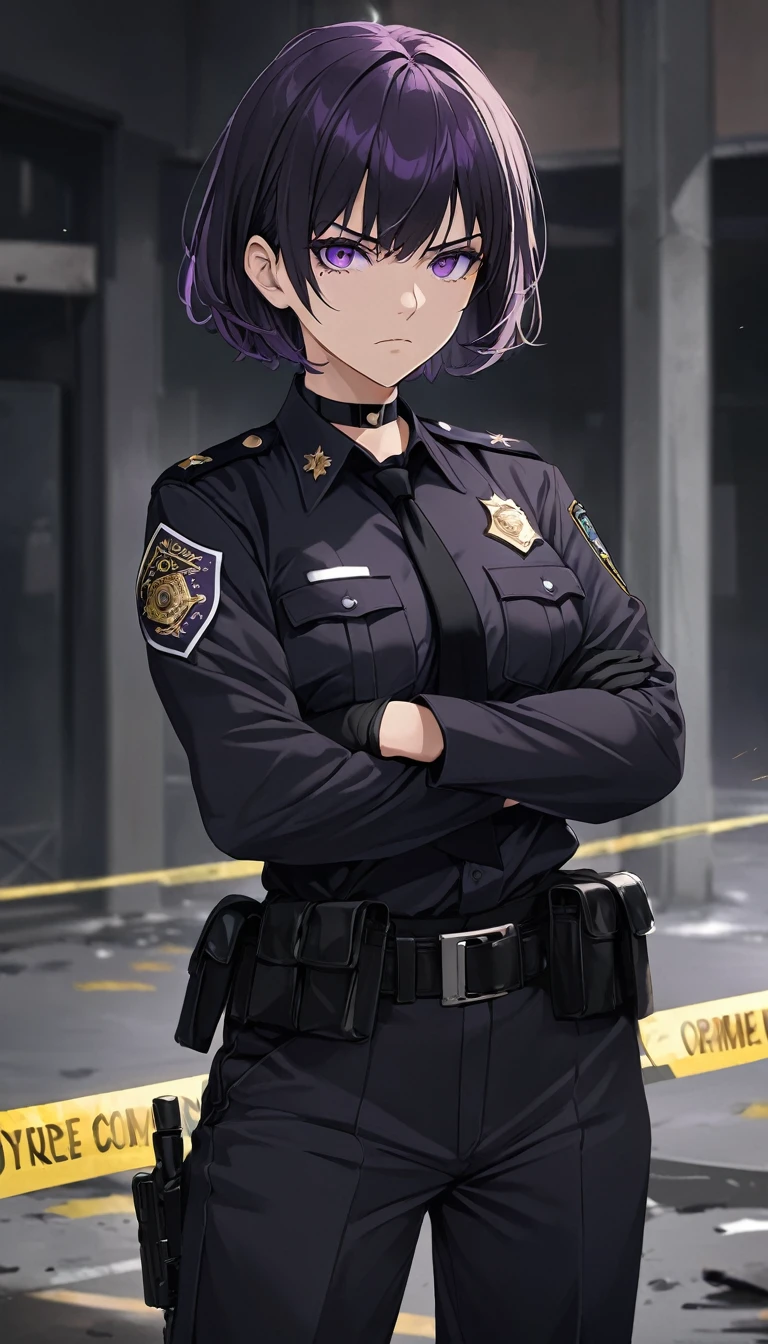 High-resolution anime digital art, Masterpiece, upper body, tomboy, mature, sexy, smart, short hair color pitch black, real detail eyes pupil purple, Wear Black Cops Uniforms, black chokers, Wear Black Gloves, Crossed Arms, Serious face, Crime Scene, Full Body, Alone.