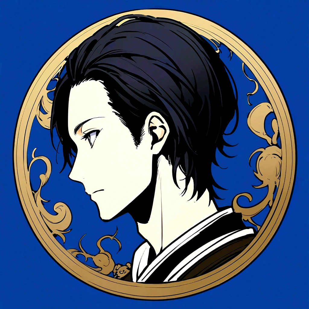profile、profileの待ち受け、黒髪のCenter part that exposes the forehead・profileのイラストアイコン,Black hair center part、Flat painting - Portrait:A man in his early 30s、Hair should be parted in the center。 ·atmosphere:It has a stylish atmosphere.、Simple fill、With a bright feeling、Center part that exposes the forehead,Blue background、For SNS icons、T-Shirts