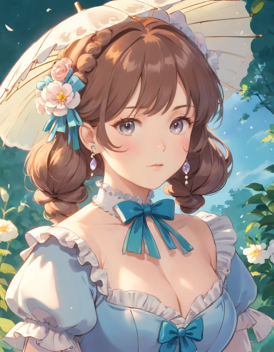 (Masterpiece), (best quality), illustration of Victorian Girl、kawaii girl、aniime、 1. **lo fashion**: Victorian fashion is characterized by dressy and elegant design。Ruffles and laces、corsets、Try incorporating elements such as long dresses。 2. **hairstyle on**: Women's hairstyles in the Victorian era are often complex and delicate。Upstyling and curling、It is also a good idea to add ribbons and floral ornaments to the hair.。 3. **Features**: girl features with soft features、Beautiful、kawaii、intelligent Beatty, Beautiful 5. **accessorized**: Accessories played an important role in the Victorian era。Hats、gloves、umbrellas, etc.、By drawing accessories with attention to detail、You can give your character personality。 Nice dress、florals、Luxurious costumes、PastelColors, (shining brightly), ((dazzling)), (floating a lot of flower petals, ((2d)), ((paper art))、(((glamorous)))、Plump、(((Chubby Mature Woman)))、(((Huge breasts)))、sexy