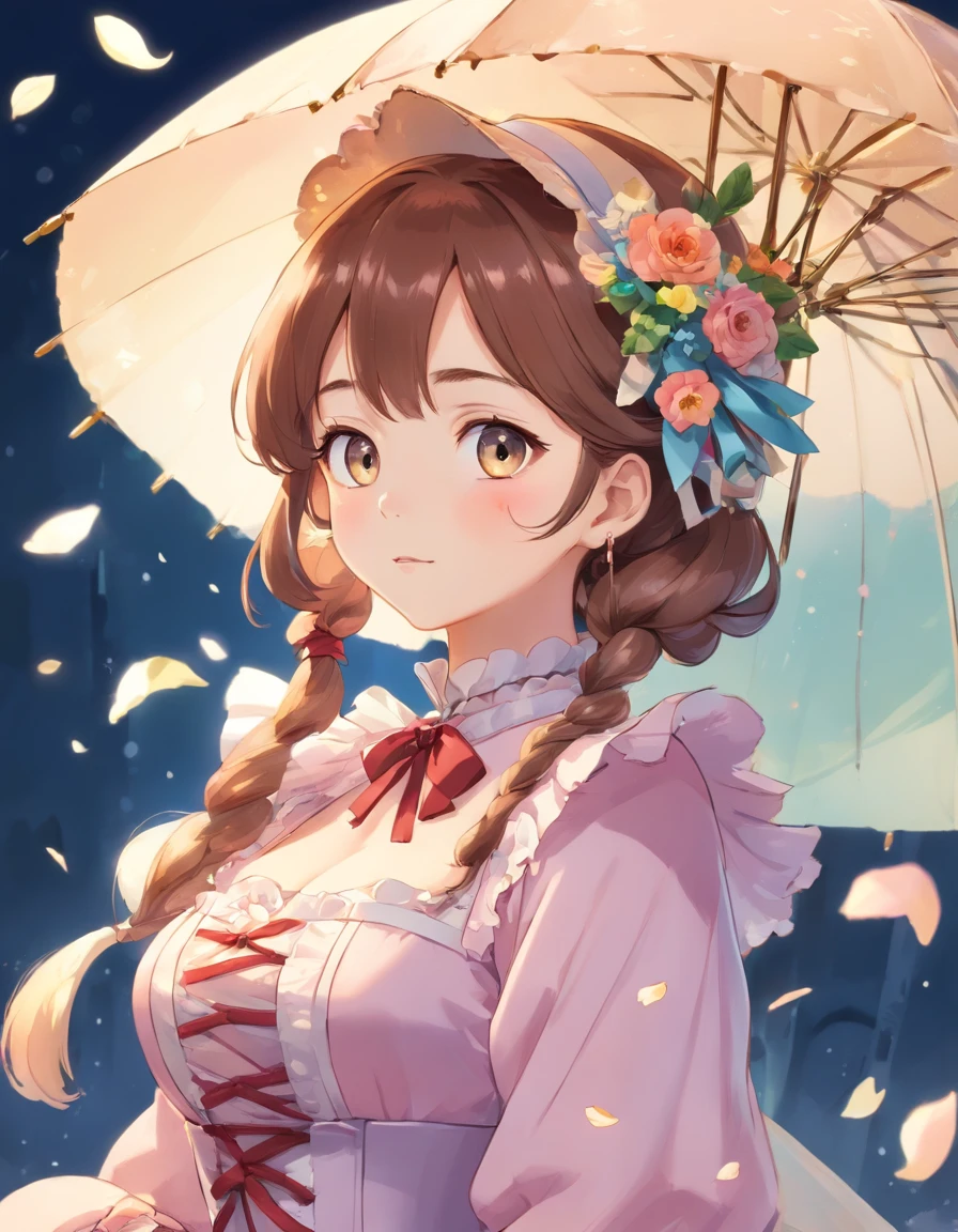 (Masterpiece), (best quality), illustration of Victorian Girl、kawaii girl、aniime、 1. **lo fashion**: Victorian fashion is characterized by dressy and elegant design。Ruffles and laces、corsets、Try incorporating elements such as long dresses。 2. **hairstyle on**: Women's hairstyles in the Victorian era are often complex and delicate。Upstyling and curling、It is also a good idea to add ribbons and floral ornaments to the hair.。 3. **Features**: girl features with soft features、Beautiful、kawaii、intelligent Beatty, Beautiful 5. **accessorized**: Accessories played an important role in the Victorian era。Hats、gloves、umbrellas, etc.、By drawing accessories with attention to detail、You can give your character personality。 Nice dress、florals、Luxurious costumes、PastelColors, (shining brightly), ((dazzling)), (floating a lot of flower petals, ((2d)), ((paper art))、(((glamorous)))、Plump、(((Chubby Mature Woman)))、(((Huge breasts)))、sexy