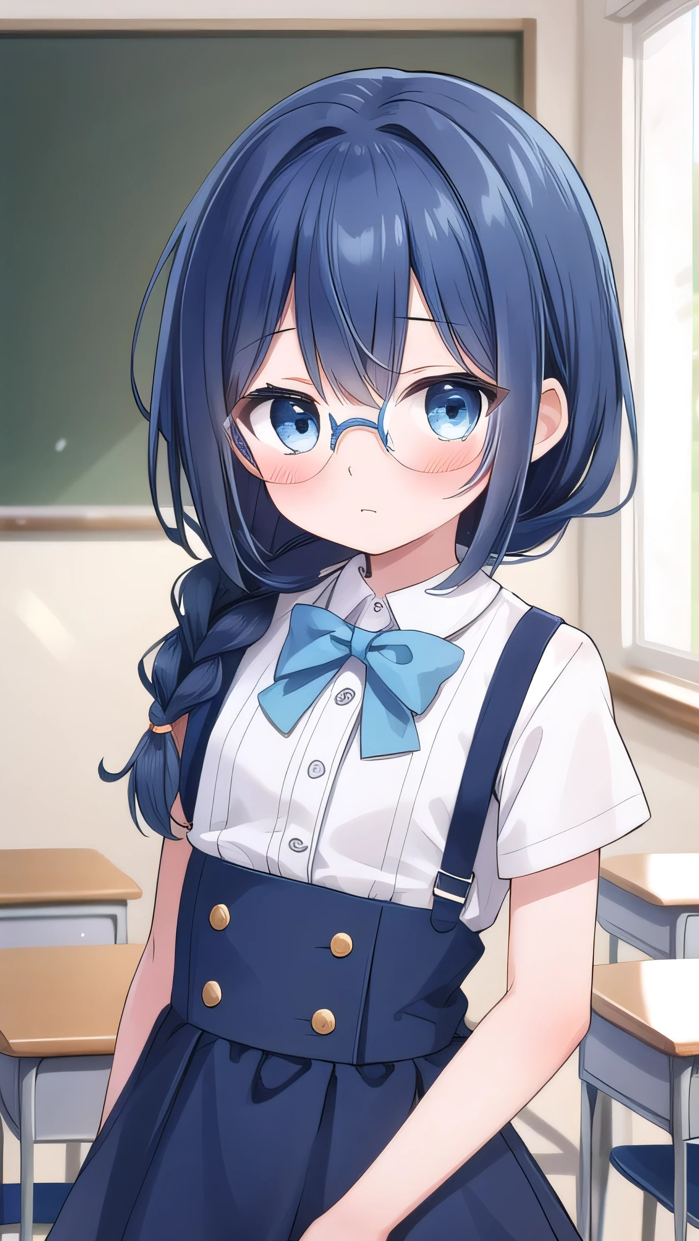small breasted girl, short, elementary school student, blue hair, single braid, blue eyes, round eyes, shy, shy, classroom, short, young face, short height, , glasses with no edges,flat chest,