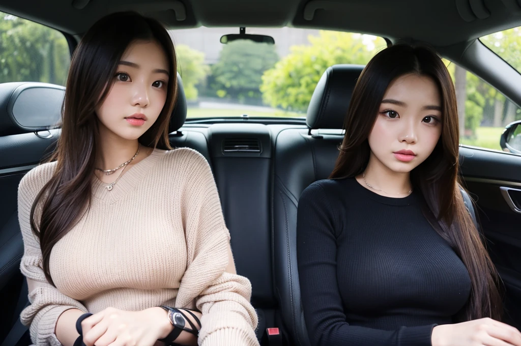 Indonesian girl 19-year-old Hairstyle fashion Casual, F Cup Breasts wearing crewneck dress in car and driving the car with her friend