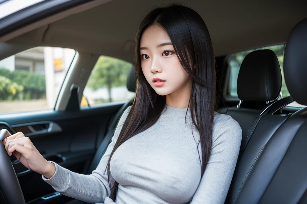 Indonesian girl 19-year-old Hairstyle fashion  Casual, F Cup Breasts wearing crewneck dress in car and driving the car with her friend