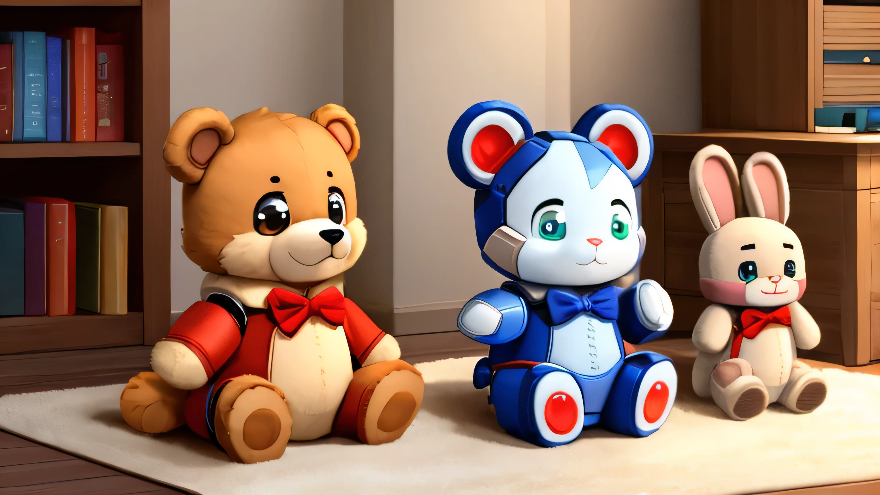 Teddy bear:In a leadership role、A responsible boy。
Stuffed rabbit:Curious and、Naughty girl。
Robot Toys:With a clear mind、Like an inventor。
