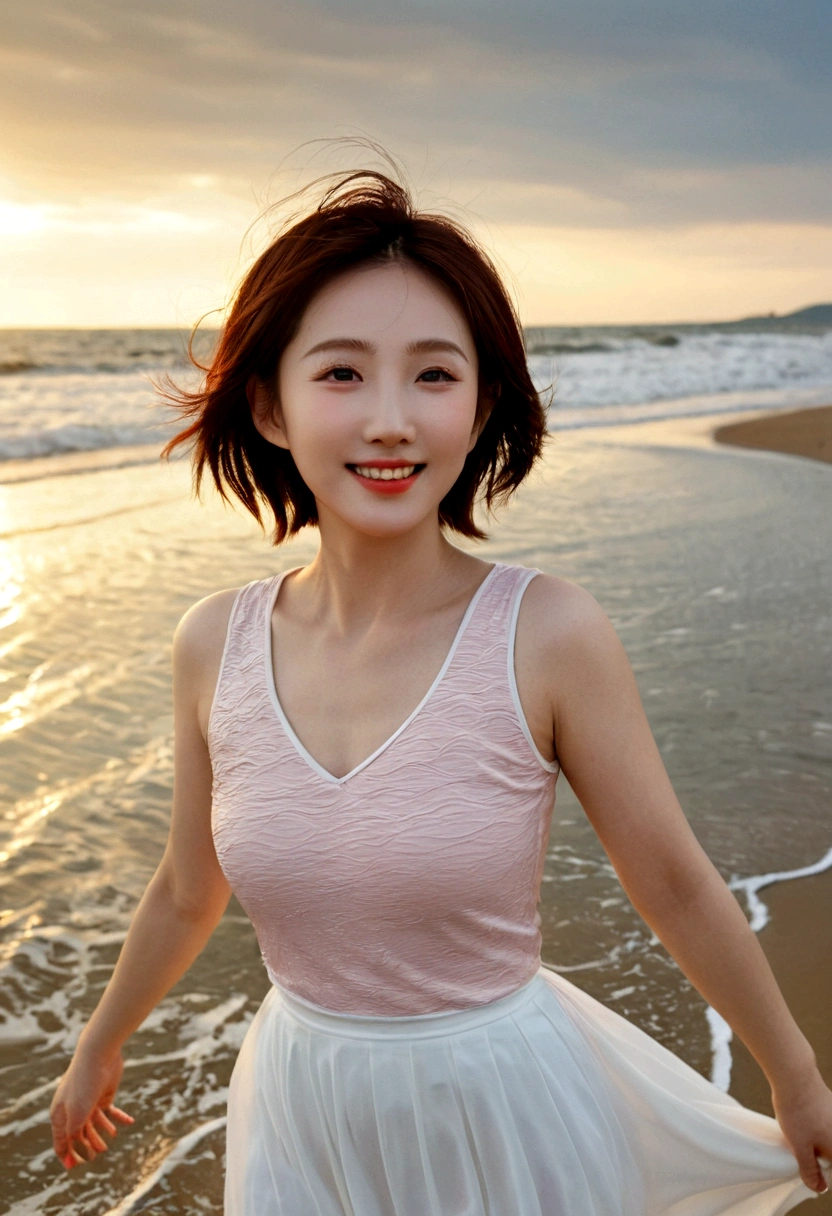 sunset on the beach，바다에 잔광이 비치네sunset on the beach 붉은 태양，A strong afterglow is reflected in the sea., Beautiful 46 year old short Korean woman, Chest size 34 inches, Wear sleeveless, light skirt. beautiful pretty woman look , wearing a light skirt , Go far into the sea water and dip your toes., Short medium hair blowing in the wind, 1 short woman, beautiful eyes, a little smile, Full body photo from a distance with a wide angle lens, The background is clear and perfect, waves driven by the wind, best high definition
