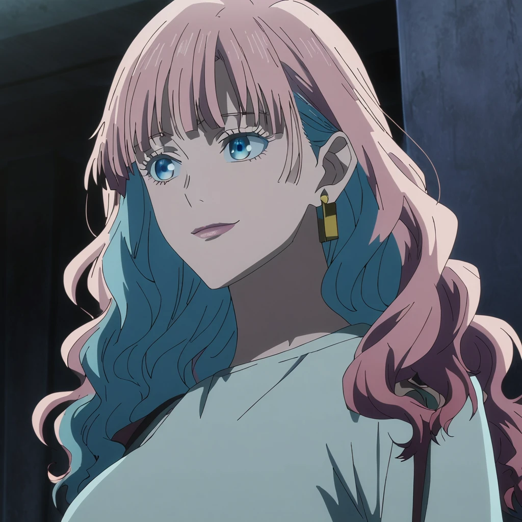 1girl, female gojo satoru, anime screencap from jujutsu kaisen, gojo satoru female version, solo, long_hair, blue eyes ((Multi colour_hair, wavy hair)), night view, (hanging ) upper_body, smile, indoors, blue_eyes, lips, (slightly wavy hair) (wearing round sunglasses) ((wearing casual outfit)) , "very detailed and high resolution" (blue eyes) ((shoulder length wavy hair)) ((solo)) (front view) (earings) ((high resolution)) ((good quality)) ((bangs)) (wearing round sunglasses)