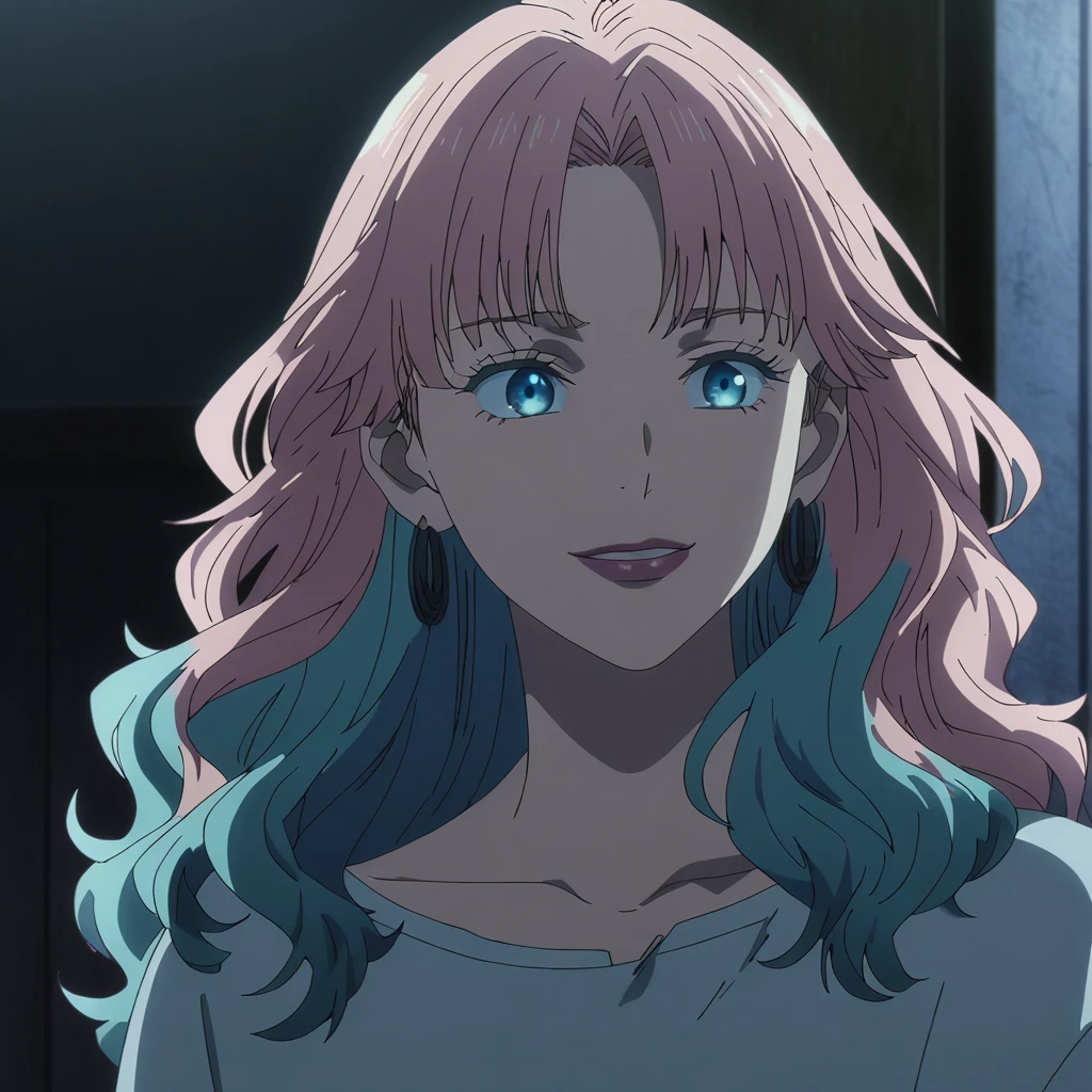 1girl, female gojo satoru, anime screencap from jujutsu kaisen, gojo satoru female version, solo, long_hair, blue eyes ((Multi colour_hair, wavy hair)), night view, (hanging breasts) upper_body, smile, indoors, blue_eyes, lips, (slightly wavy hair) (wearing round sunglasses) ((wearing casual outfit)) breast, "very detailed and high resolution" (blue eyes) ((shoulder length wavy hair)) ((solo)) (front view) (earings) ((high resolution)) ((good quality)) ((bangs)) (wearing round sunglasses)