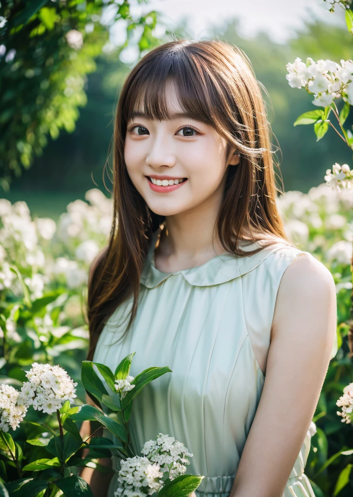 （Realistic, photo-Realistic:1.37),(8K, RAW Photos, Highest quality, masterpiece:1.2),  Ultra-detailed, 超High resolution, Kodak Vision Color, Filmed with an Arricam LT camera,Highest quality, Lively, 8K, High resolution, Escape, (Professional Lighting), (Portraiture:0.6), Brown Hair,22 years old、slender、Dreamland、Fantasy World、Iridescent stars、Wearing futuristic clothes、universe、Plants you've never seen before、Cute Flowers、In a different space、Japanese、Upper body close-up、Smile happily、Mysterious world、pastel colour、