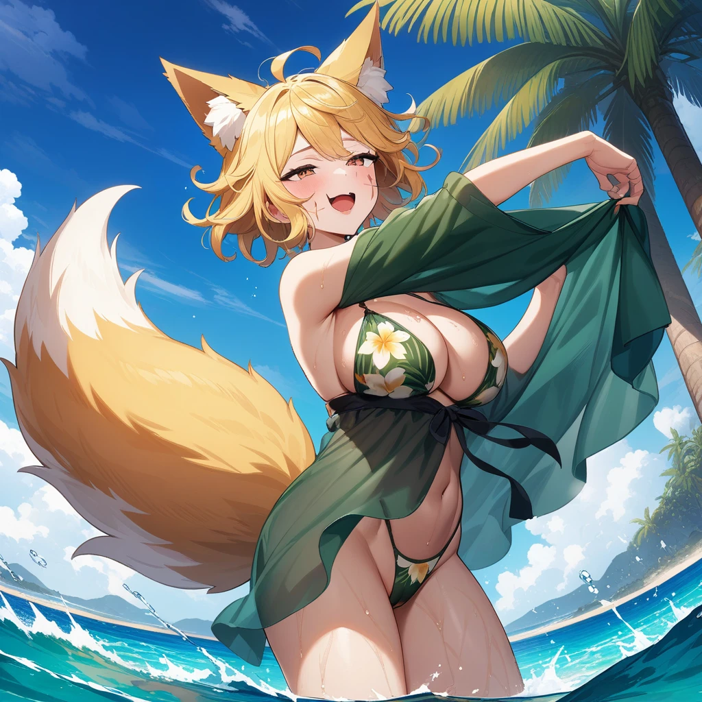 (masterpiece,best quality,very aesthetic,ultra-detailed),(illustration,official art),nsfw,solo,BREAK,1girl,30yo,curvy,large breasts,tall,stout build,bewitching,(blonde fox ears),(a fox tail growing out from around her tailbone),(blonde hair,short hair,messy hair),disheveled hair,(brown eyes),half closed eyes,beautiful face,bare legs,comfortable,open mouth,enjoyable,cheerful,(smirk:0.8),wet,(tropical atmosphere,flower print dark green layered highleg bikini with Ruffled see-through sarong),(cameltoe:0.7),(scar on breasts,scar on cheek:1.2),undressing kimono,taking off dark green kimono,throwing dark green kimono away,ocean,sandy beach,Clear seawater,splash,summer sky,cowboy shot,from side
