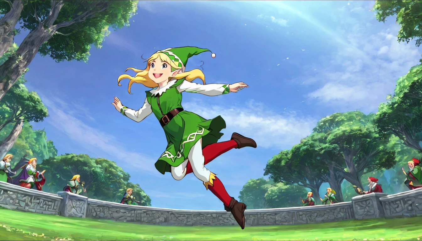 Female elf wearing Celtic costume、An animated style image of someone jumping and dancing happily、