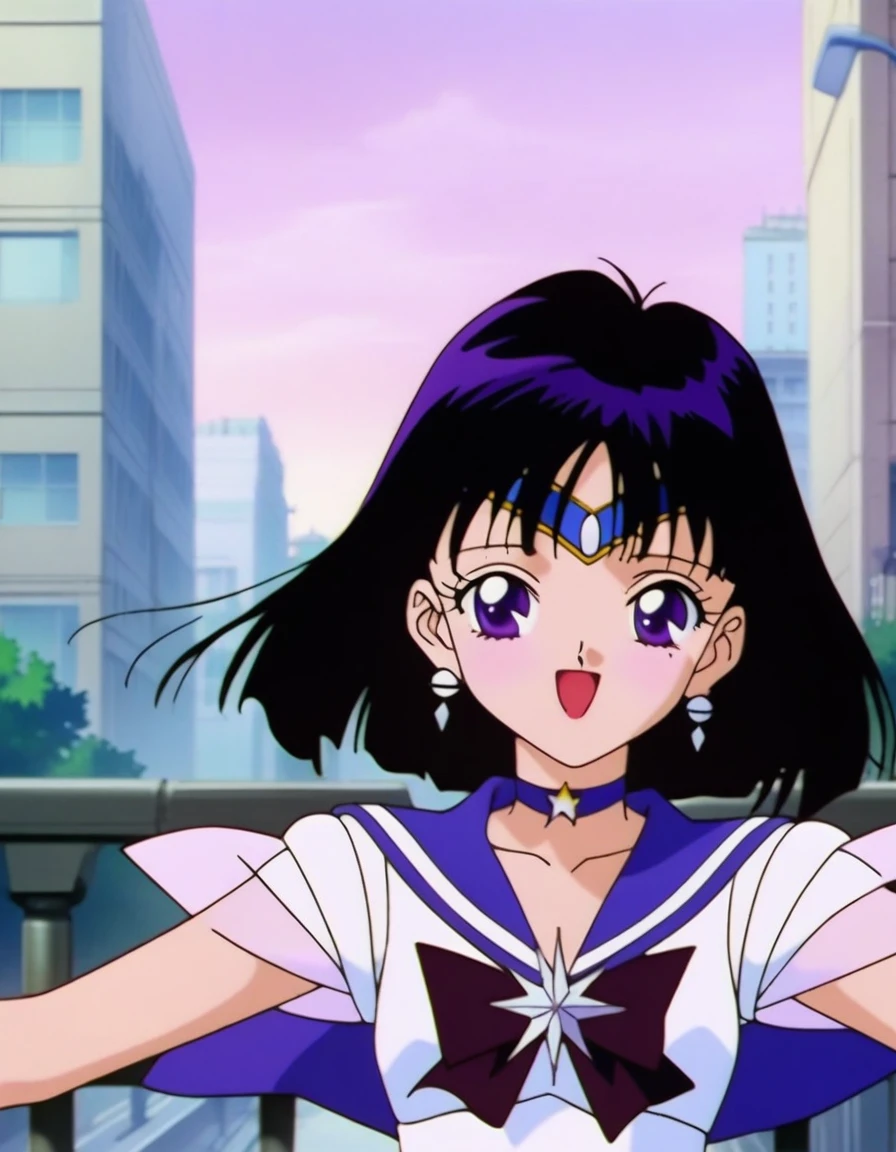 masterpiece, best quality, very aesthetic, absurdres, Sailor Saturn XL, 1990s \(style\), anime artwork, anime style, perfect face, perfect composition, moist skin, intricate details, beautiful detailed eyes, vivid colors, BREAK 1girl, solo, teen, short hair, black hair, purple eyes, flat chest, skinny, sailor senshi uniform, (purple sailor collar:1.1), tiara, earrings, jewelry, star choker, star brooch, maroon bowtie, shiny clothes, BREAK smile, blush, open mouth, (model pose:1.2), outdoors, city, wind, upper body,