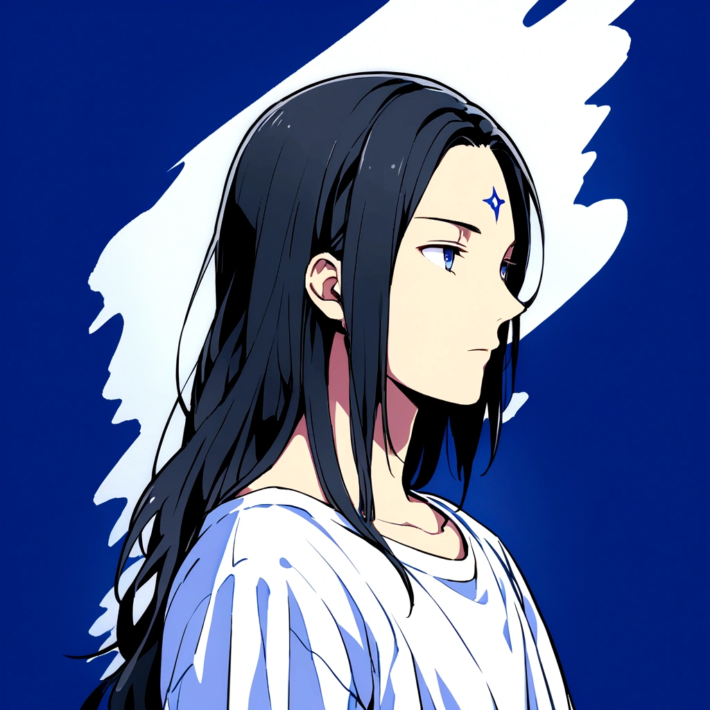 profile、profileの待ち受け、黒髪のCenter part that exposes the forehead・profileのイラストアイコン,Black hair center part、Flat painting - Portrait：A man in his early 30s、Hair should be parted in the center。 ·atmosphere：It has a stylish atmosphere.、Simple fill、With a bright feeling、Center part that exposes the forehead,Blue background、For SNS icons、T-Shirts、Solid blue background