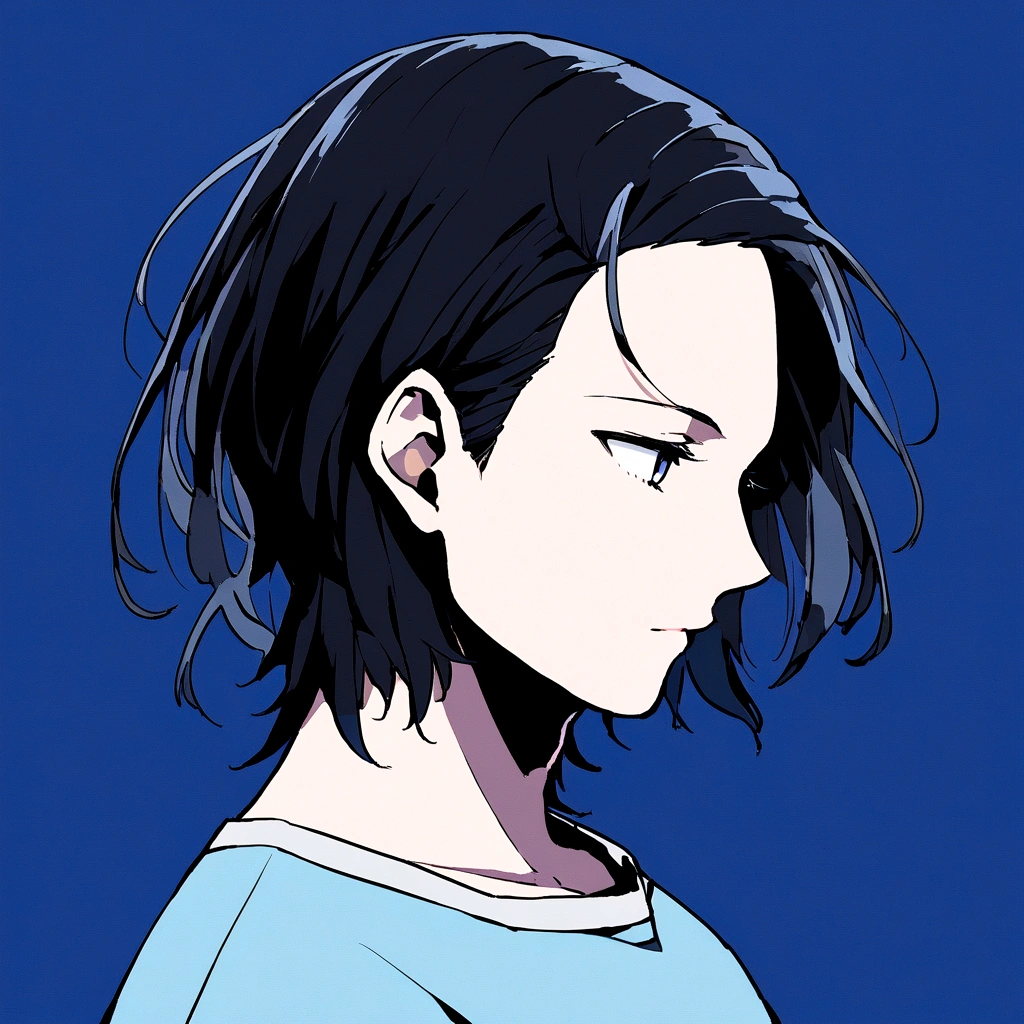 profile、profileの待ち受け、黒髪のCenter part that exposes the forehead・profileのイラストアイコン,Black hair center part、Flat painting - Portrait：A man in his early 30s、Hair should be parted in the center。 ·atmosphere：It has a stylish atmosphere.、Simple fill、With a bright feeling、Center part that exposes the forehead,Blue background、For SNS icons、T-Shirts、Solid blue background