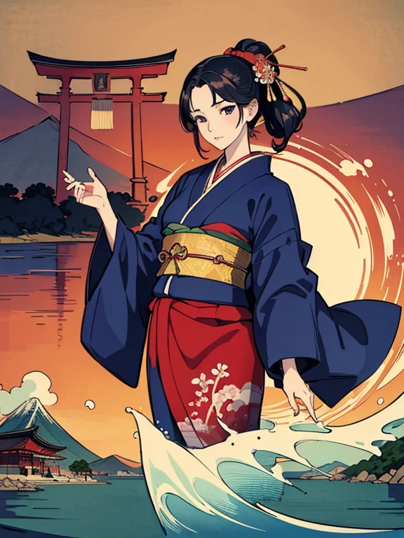 (Highest quality、masterpiece、High resolution、8K)、Vibrant colors、Ukiyo-e、Utamaro、Kimono Beauty、river、Mount Fuji in the distance、Japanese Landscape、A big red torii gate is visible.、Official Art、