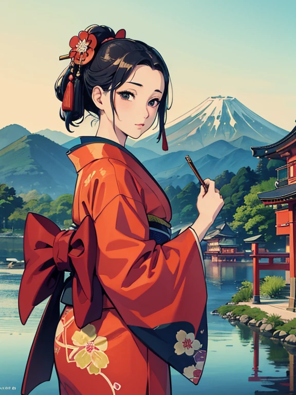 (Highest quality、masterpiece、High resolution、8K)、Vibrant colors、Ukiyo-e、Utamaro、Kimono Beauty、river、Mount Fuji in the distance、Japanese Landscape、A big red torii gate is visible.、Official Art、