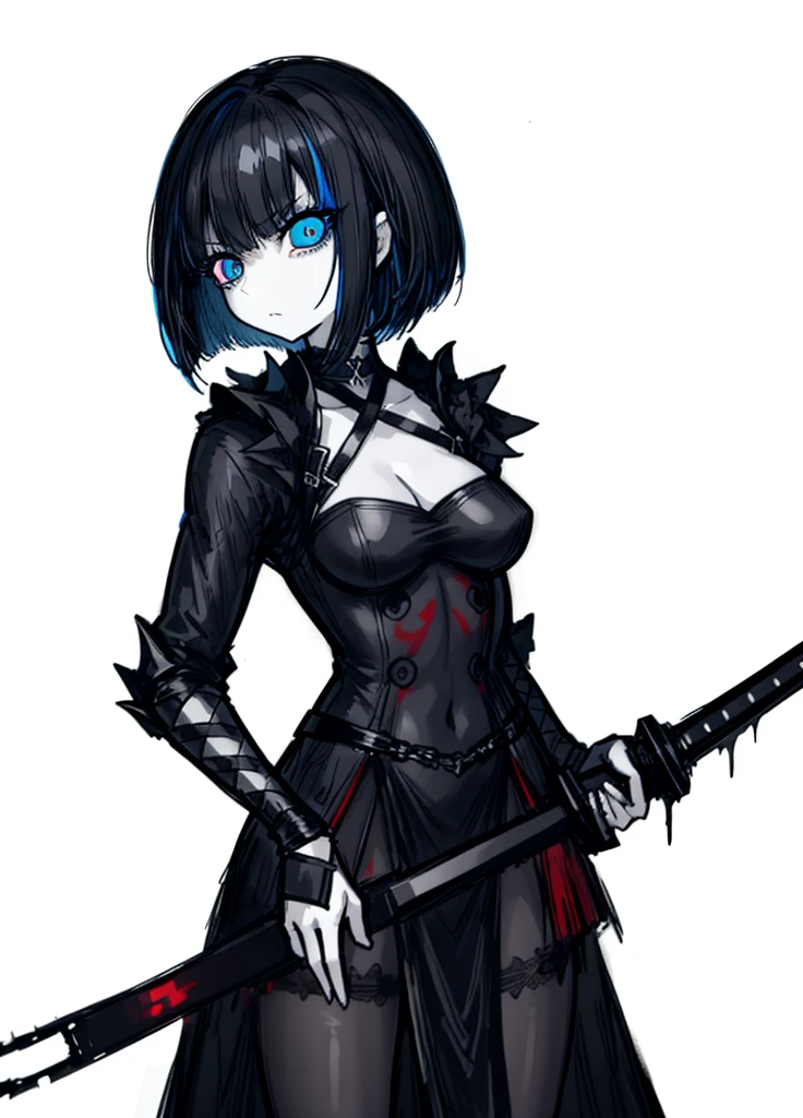 1girl, black hair, blue eye ,pale skin,
(high resolution, high detail, best quality), warrior, serious, killer