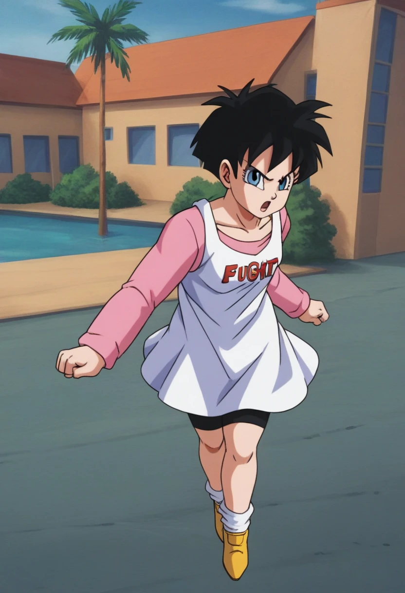 fountain_アニメ, punctuation_9, punctuation_8_High above, punctuation_7_High above, captura de tela de アニメ,8K, Absurd resolution,
he saw, 1 girl, standing alone, gazing at viewer, shorth hair, blue colored eyes, chemise, Bblack hair, long sleeves, booties, plein-air, sky, giorno, nube, blue sky, clothes writing, yellow dress, white shoes, text printing, spiky hair, V-shaped eyebrows, from low, dress over chemise, Clenched hands, blue chemise, blackstockings, printed dress, midair, floating, BIG ASS
 