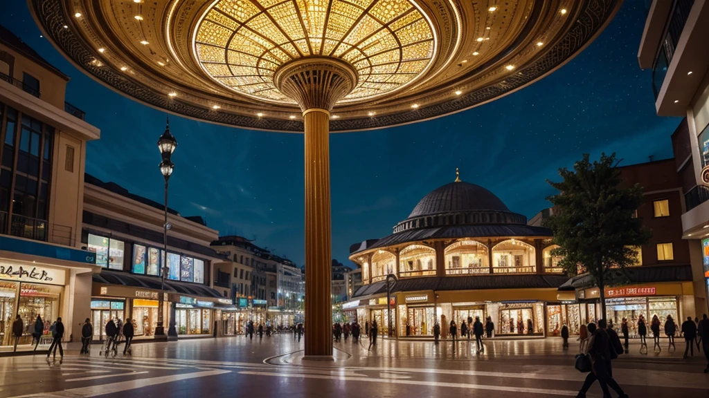When night falls, the largest shopping center in Istanbul, Türkiye appears splendid and magical in bright lights. The giant glass dome reflects shimmering light, like a starry sky in the heart of the city. Shops with bright glass windows display luxurious and sophisticated products, creating a splendid and modern scene. Stretching corridors with miniature greenery and fountains are illuminated by LED lights, highlighting the natural beauty blended with luxurious architecture. The space outside the shopping center is a vivid picture with street lights and bustling people passing by, creating a vivid, clear and extremely attractive picture in high-end 8K image quality.