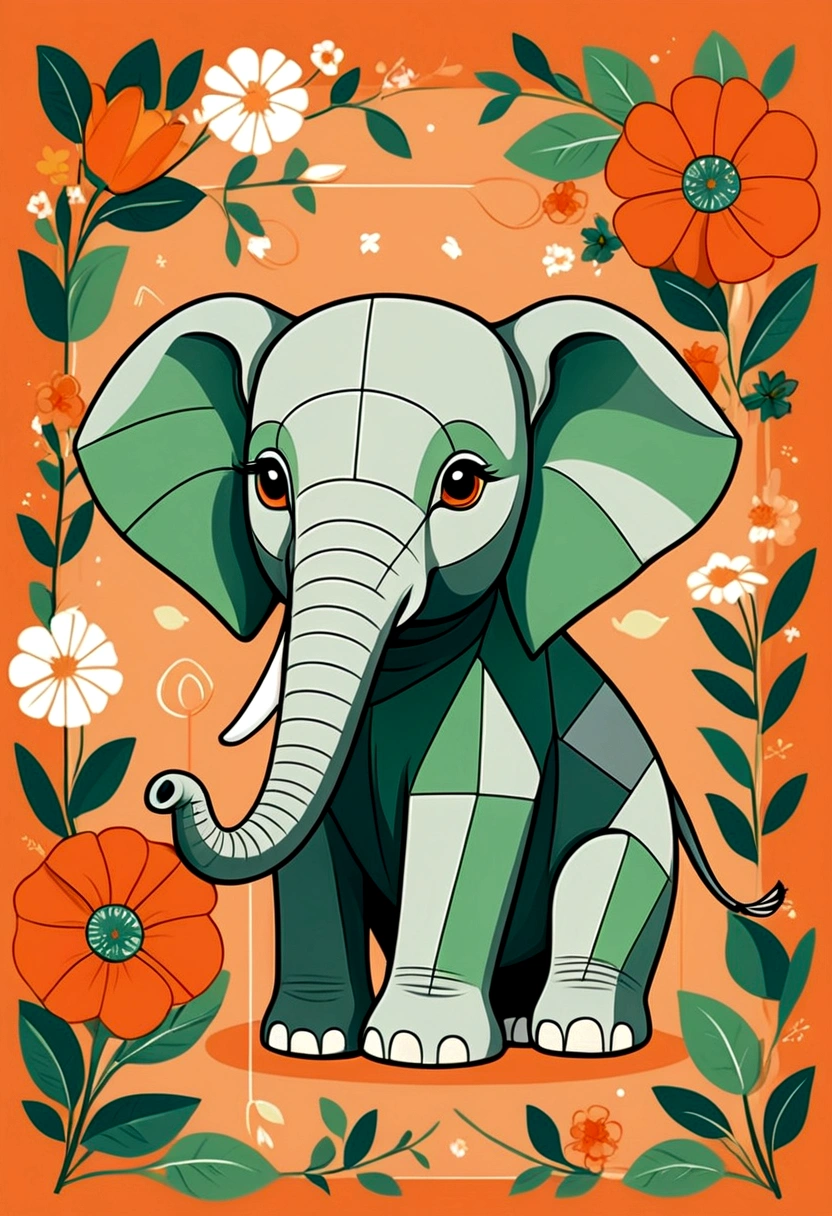 Beautifully designed canvas bag with British squares, blooming flowers, printing a cute little elephant, geometric lines, minimalistic, moderno, sophisticated, cute, Blocking colors, floral motives, orange and green, illustration, animated cartoon, Geometric style, beautifully detailed, Flat color vector design style,...