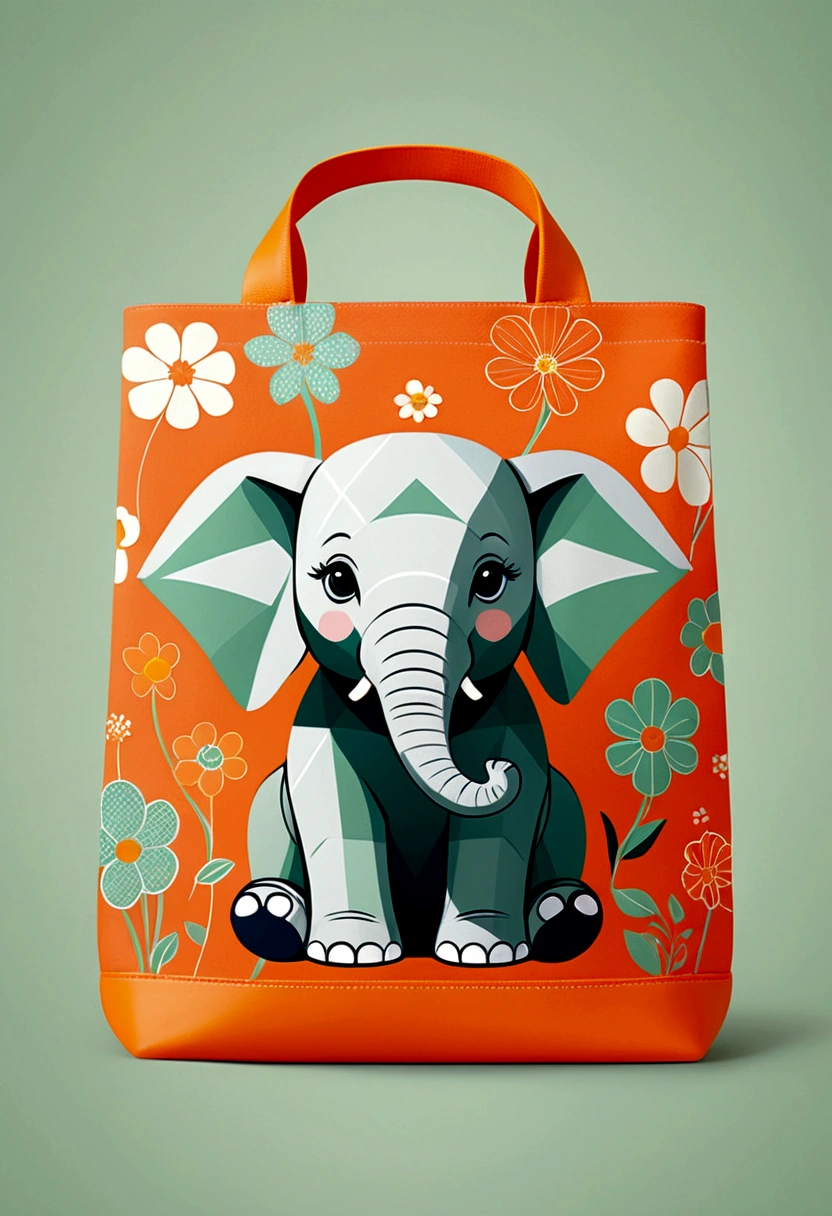 Beautifully designed canvas bag with British squares, blooming flowers, printing a cute little elephant, geometric lines, minimalistic, moderno, sophisticated, cute, Blocking colors, floral motives, orange and green, illustration, animated cartoon, Geometric style, beautifully detailed, Flat color vector design style,...