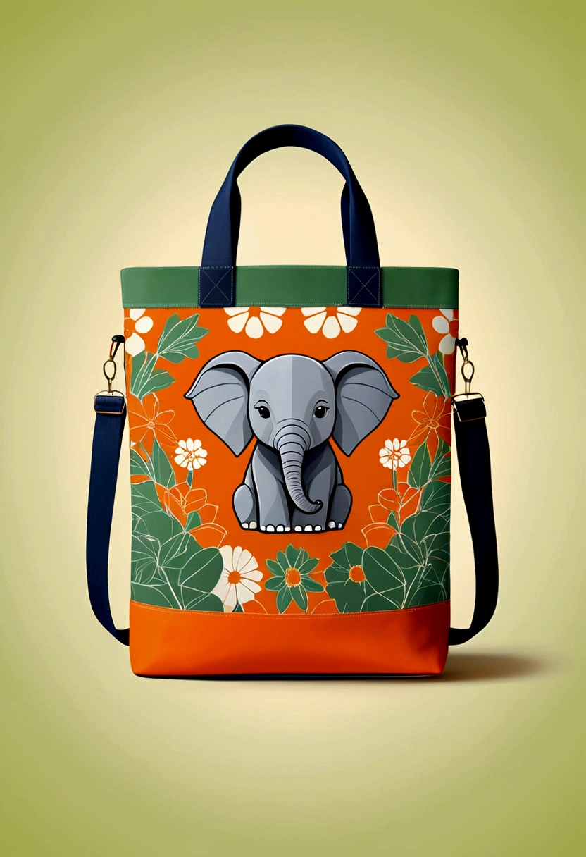Beautifully designed canvas bag with British squares, blooming flowers, printing a cute little elephant, geometric lines, minimalistic, moderno, sophisticated, cute, Blocking colors, floral motives, orange and green, illustration, animated cartoon, Geometric style, beautifully detailed, Flat color vector design style,...