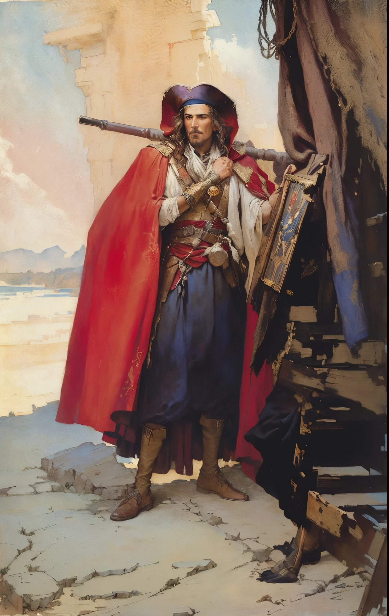 painting of a man in a red cape and a red cape, by Howard Pyle, inspired by Howard Pyle, by William York Macgregor, nc wyeth, portrait of bedouin d&d, by N.C. Wyeth, by N. C. Wyeth, nc wyeth painting, a pirate, arthur rackham. masterpiece