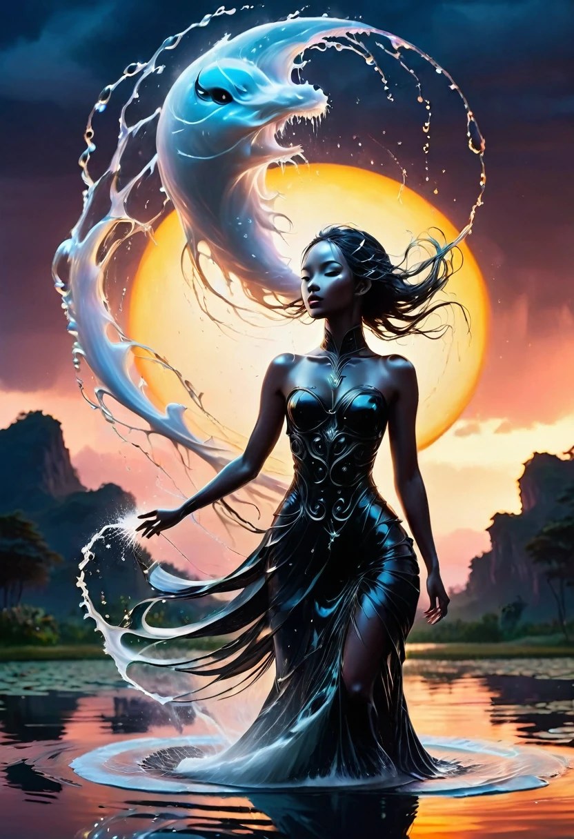 heavy rain,Rain splash,In the middle of the lake, Mysterious female black silhouette in the middle of the night, Surrounded by glowing spheres, Summoners dance to appease the spirits of the dead. Ceremonial canvas clothing. Sensual. Multiple magic arrays. Dynamic dance. Water Lily. Colorful palette.