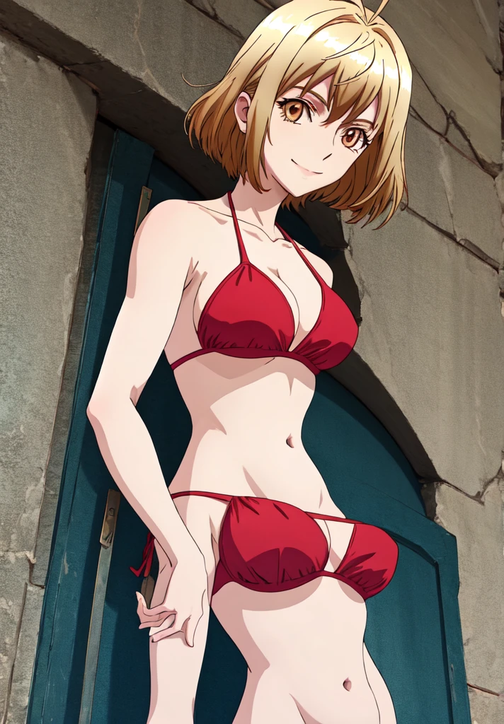 Angelise. Red bikini, (upper body:1.3), medium breasts, ultra detailed face, cowboy shot, standing, blonde, wide shoulders, (tall:1.6), (long belly:1.5), little biceps, detailed eyes, smile, brown eyes