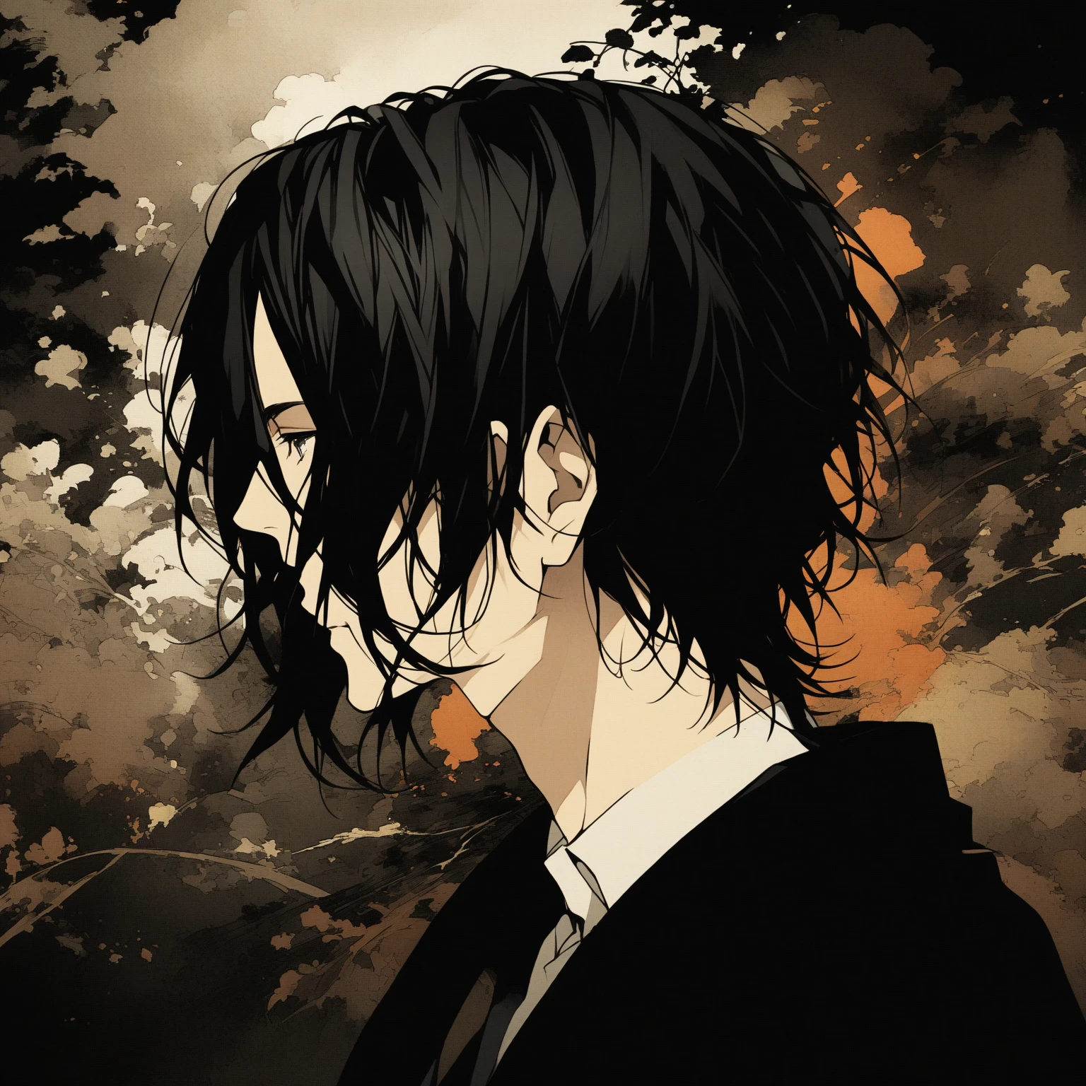 ・Profile illustration icon,Black hair center part、Flat painting - Portrait:A man in his early 30s、Hair should be parted in the center。 ·atmosphere:It has a stylish atmosphere.、Simple fill、With a bright feeling