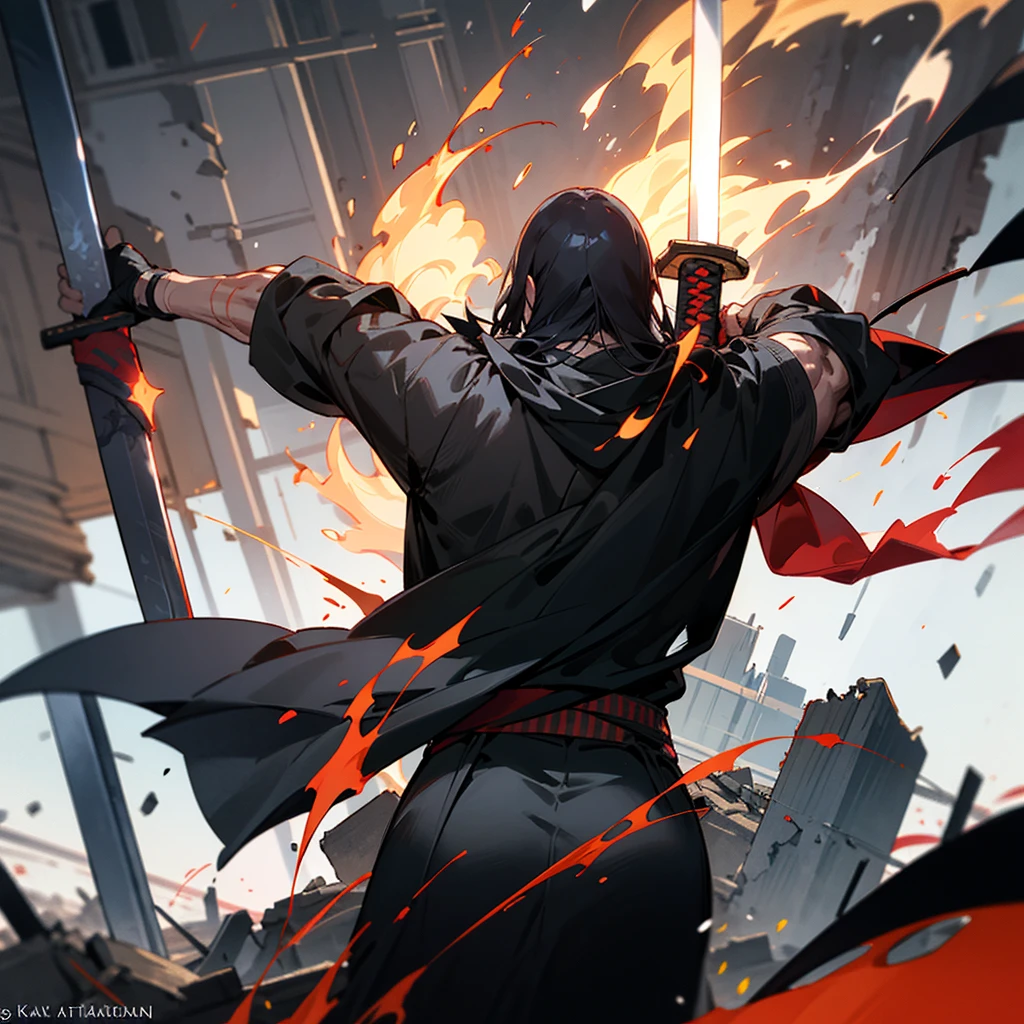 Create a character with long hair, from the back with a large black cape A katana on fire Eyes coming out of rays Black clothing with red stripes A scar on the arm A somewhat muscular body Acting like a swordsman In a destroyed city
