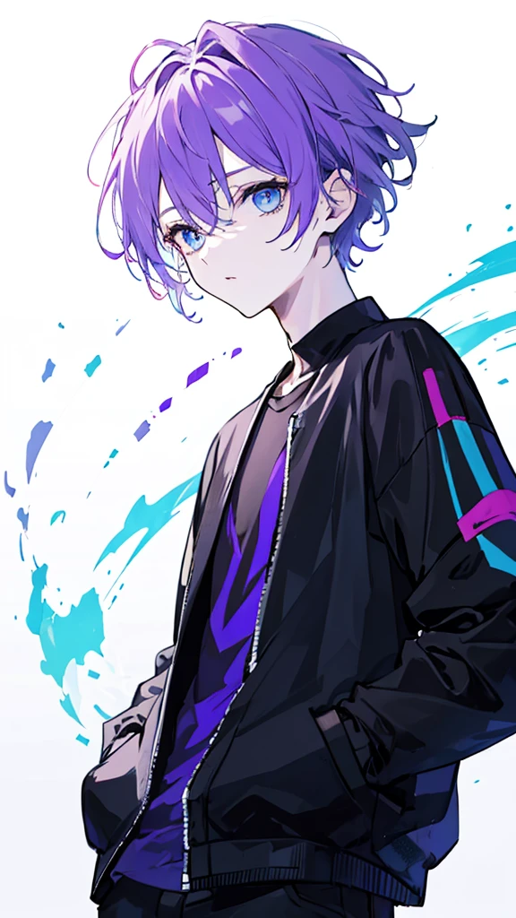 ((Highest quality)), ((masterpiece)), ((1 person)),Perfect Face、male、Purple hair color、Light blue eyes、Very short hair、vocal、pale colour、whole body、Black Shirt、Put your hands in your pockets