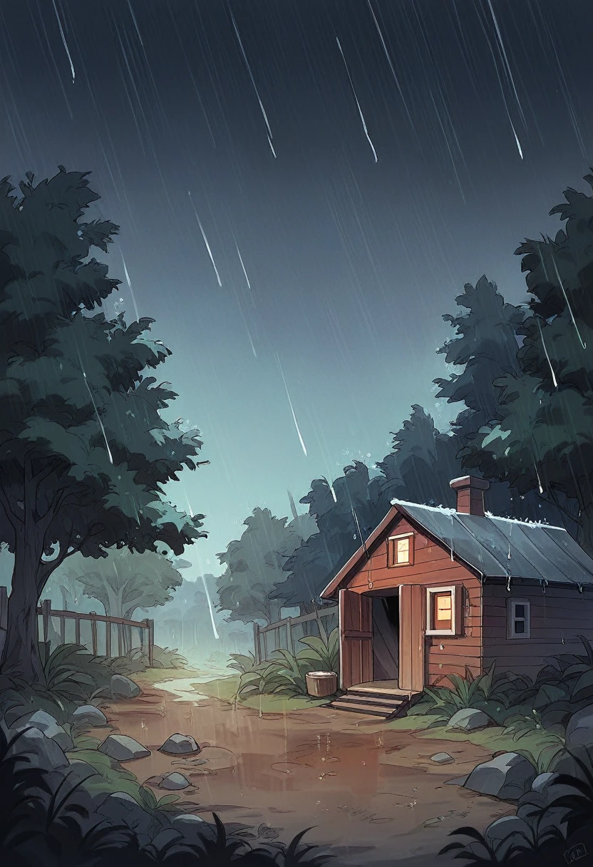 cabin in the rain, dirt road leading to the cabin wet, trees wet, night time, dark sky